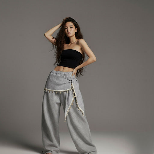 Lace fart curtain layered on sweatpants