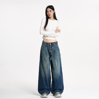 Pleated Wide-Leg Loose Denim Pants, Unisex Designer Style, Unique Couple Long Pants Trend