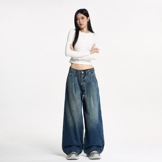 Pleated Wide-Leg Loose Denim Pants, Unisex Designer Style, Unique Couple Long Pants Trend
