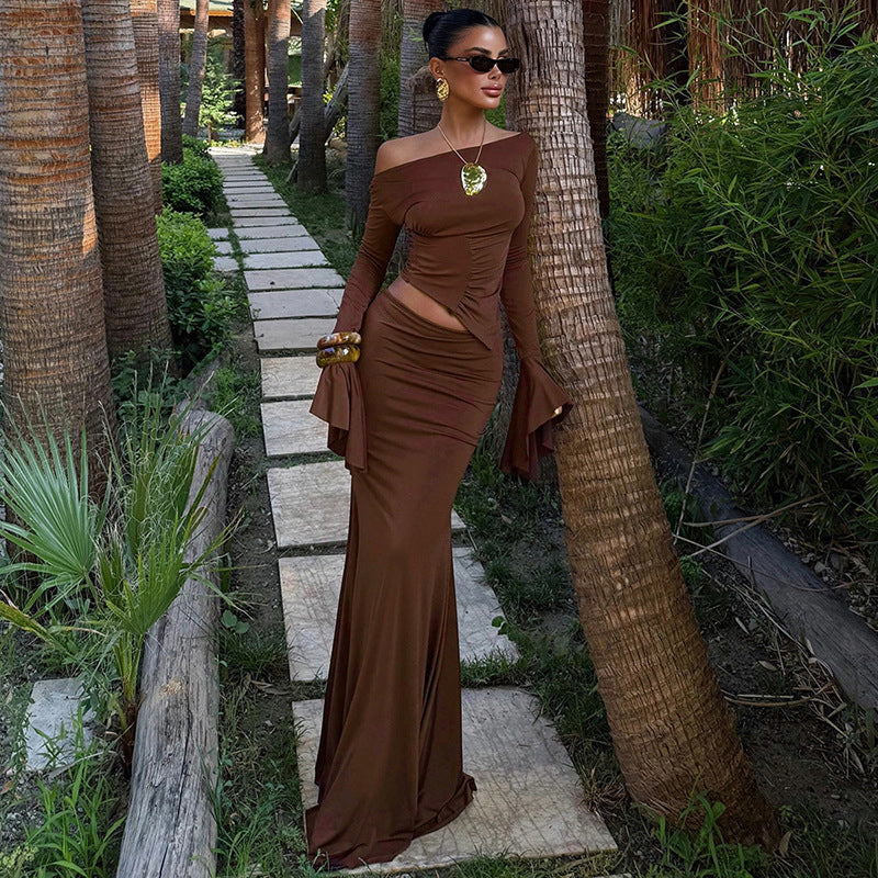 Women's  One-Shoulder Long Sleeve Fitted Mermaid Skirt Set