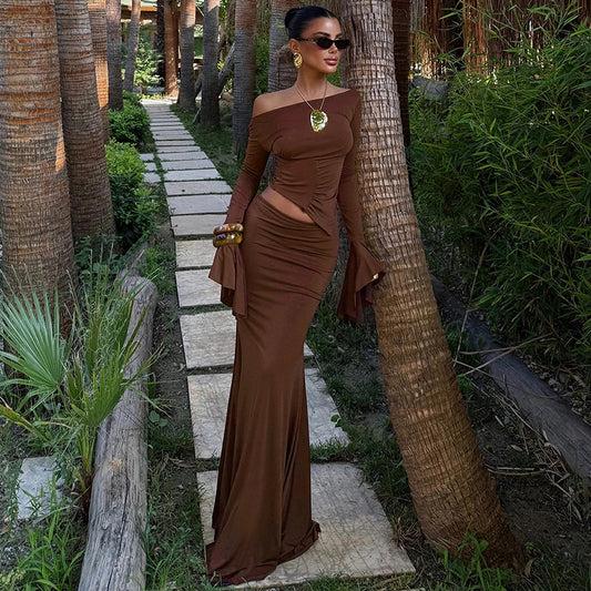 Women's  One-Shoulder Long Sleeve Fitted Mermaid Skirt Set