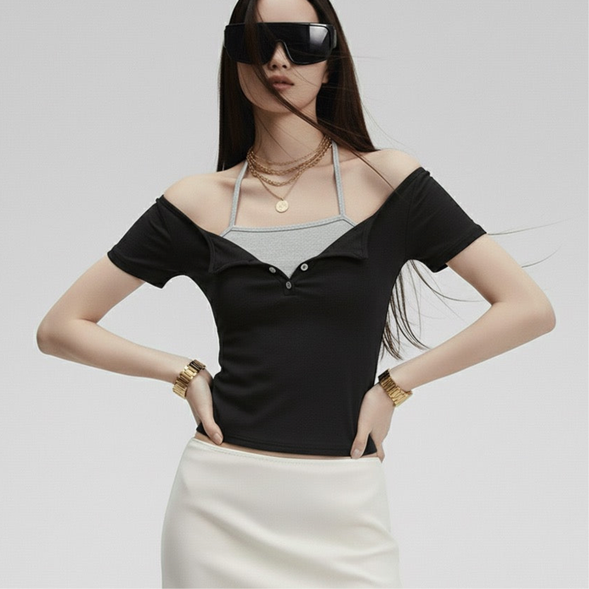 Fake Two-Piece Halter Tie Slim Fit Short Sleeve Top for Women
