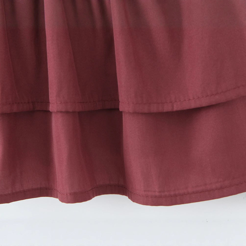 V-neck Wine Red Halter Waist-Cinched Tiered Mini Dress
