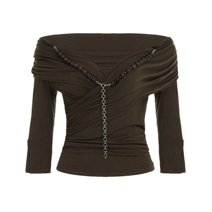 Slim fit V-neck pleated long sleeved T-shirt
