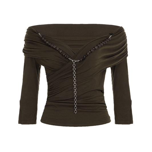 Slim fit V-neck pleated long sleeved T-shirt