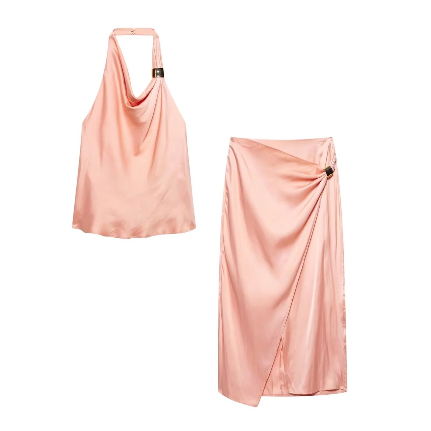 Golden Embellished Satin Feel Halter Top + Skirt Set for Women
