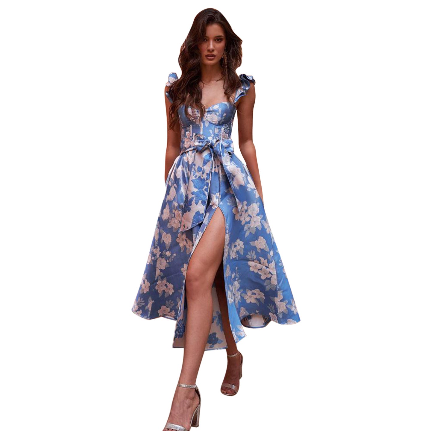 Printed Strap Split Dress Backless Halter Dress for Women