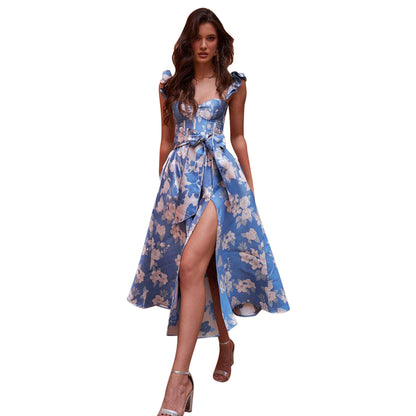 Printed Strap Split Dress Backless Halter Dress for Women