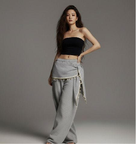 Lace fart curtain layered on sweatpants