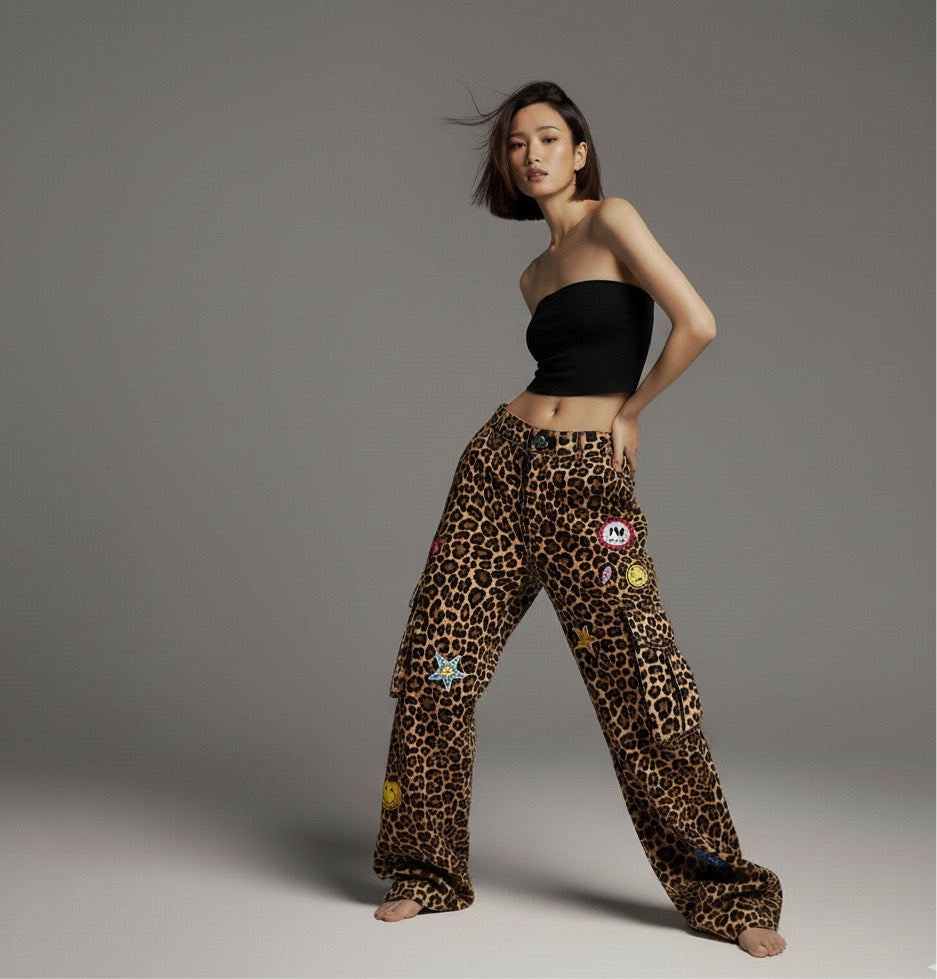 Leopard patterned star towel embroidered washed casual pants
