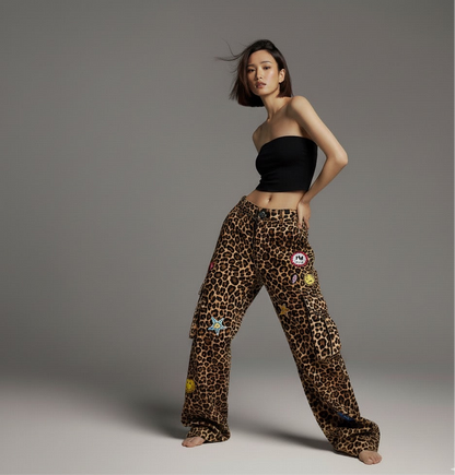 Leopard patterned star towel embroidered washed casual pants