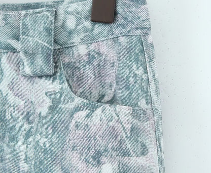 Fashionable pocket workwear low waisted pants denim printed pants