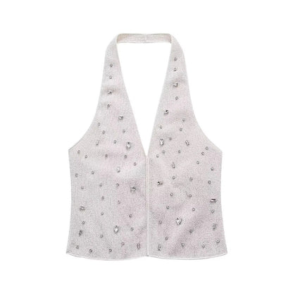 Women's Jewelry-Adorned Neckline Top + High-Waisted Wide-Leg Triangle Pants with Jewelry-Adorned Details