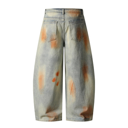 Retro Washed Distressed Unique Design Flared Denim Pants Unisex Loose Wide Leg Casual Long Trousers