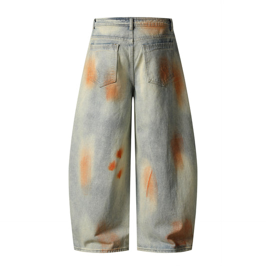Retro Washed Distressed Unique Design Flared Denim Pants Unisex Loose Wide Leg Casual Long Trousers