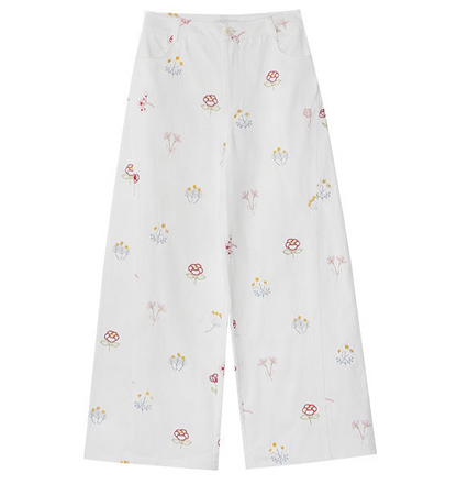 Sweet and Lovely Embroidered White Straight Loose Denim Pants for Women