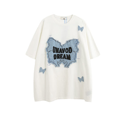 Denim Patch Decorative Unique Couple Trendy Short Sleeve T-Shirt