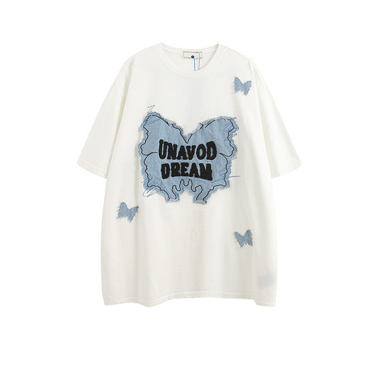 Denim Patch Decorative Unique Couple Trendy Short Sleeve T-Shirt