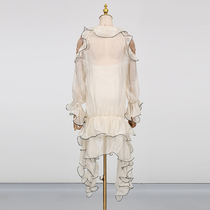 Vacation Style Elegant Embroidered White Dress Women Summer Ruffle Long Sleeve Off Shoulder Mini Dress