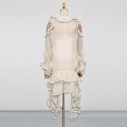 Vacation Style Elegant Embroidered White Dress Women Summer Ruffle Long Sleeve Off Shoulder Mini Dress