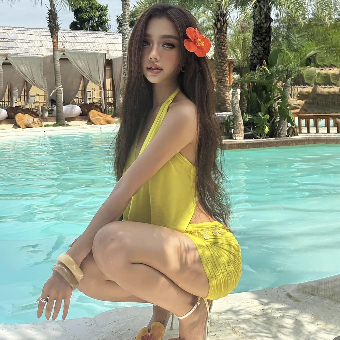 Sexy temperament deep V-top slim fit high waist skirt set for women