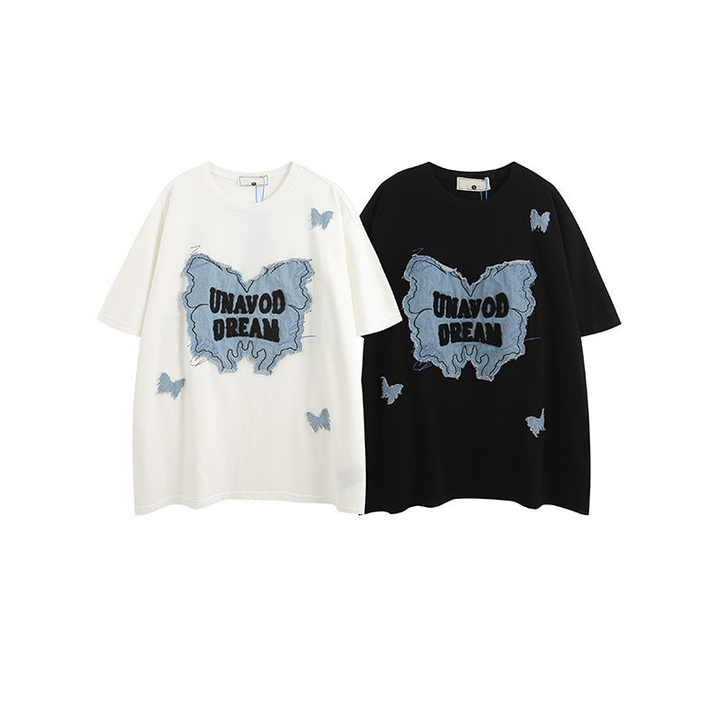 Denim Patch Decorative Unique Couple Trendy Short Sleeve T-Shirt