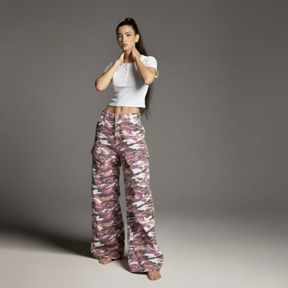 High Street  Style Color Block Multi-Pocket Camouflage Denim Work Pants Unisex Loose Wide Leg Straight Leg Long Pants