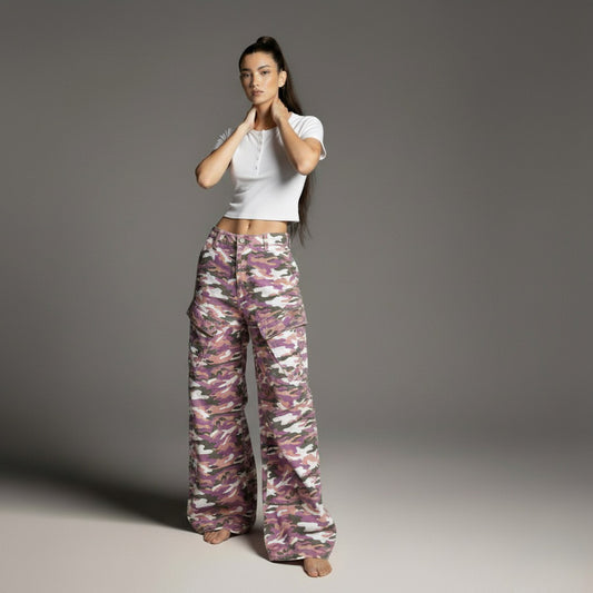 High Street  Style Color Block Multi-Pocket Camouflage Denim Work Pants Unisex Loose Wide Leg Straight Leg Long Pants