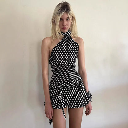 Women's Fashion Sexy Halter Polka Dot Tied Top + Skirt Set