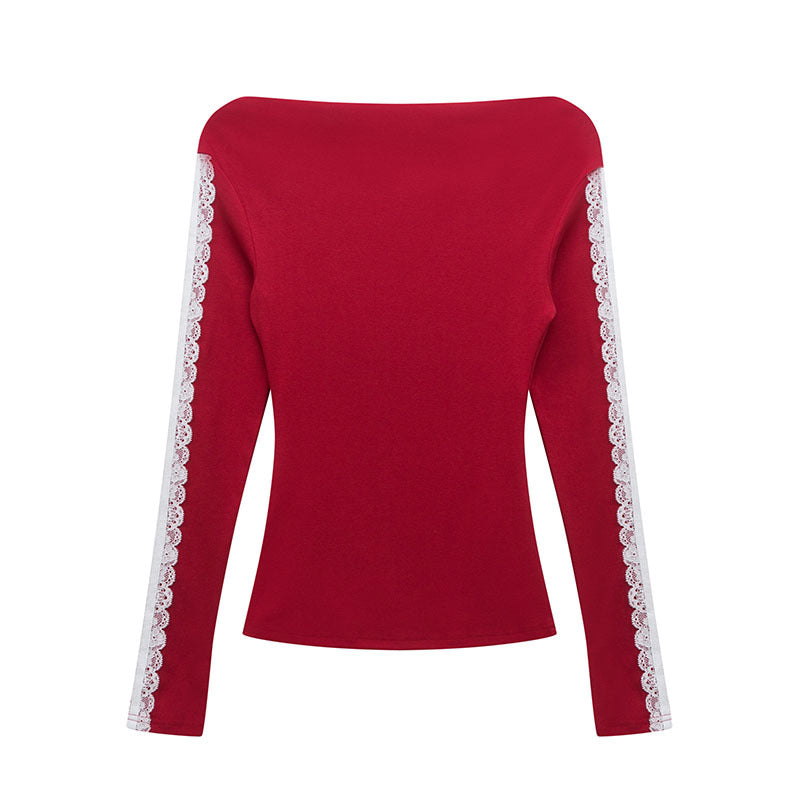 Spaghetti Strap Lace Splicing Sexy T-Shirt Women's INS Sporty Long Sleeve Slim Fit Top