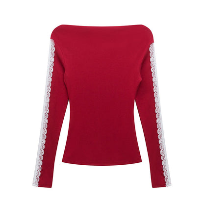 Spaghetti Strap Lace Splicing Sexy T-Shirt Women's INS Sporty Long Sleeve Slim Fit Top