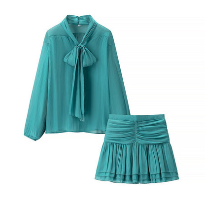 Cross-border European and American Women's Fashion Long Sleeve Shirt Foldable Mini High Waist Short Skirt Set