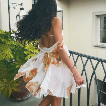 Chiffon Printed French Halter Noble Fairy Dress Holiday Wind Sexy Backless Short Skirt