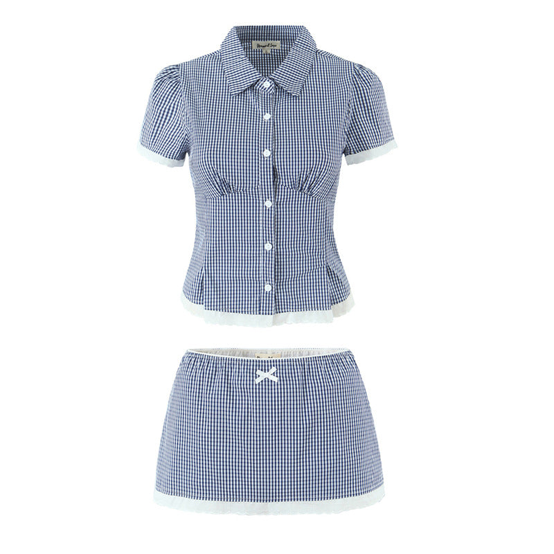 Fashionable Plaid Shirt Short Set Simple and Versatile Design, Slimming Effect