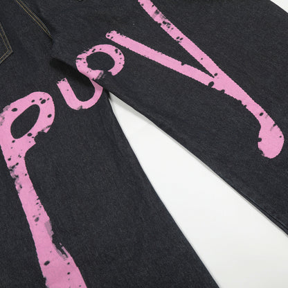 Street Style Printed Tapered Denim Long Pants