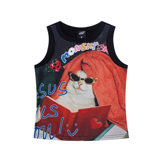 Cartoon Cat Print Tank Top Women Summer Slim Fit Versatile BF Style Undershirt Sleeveless Outerwear