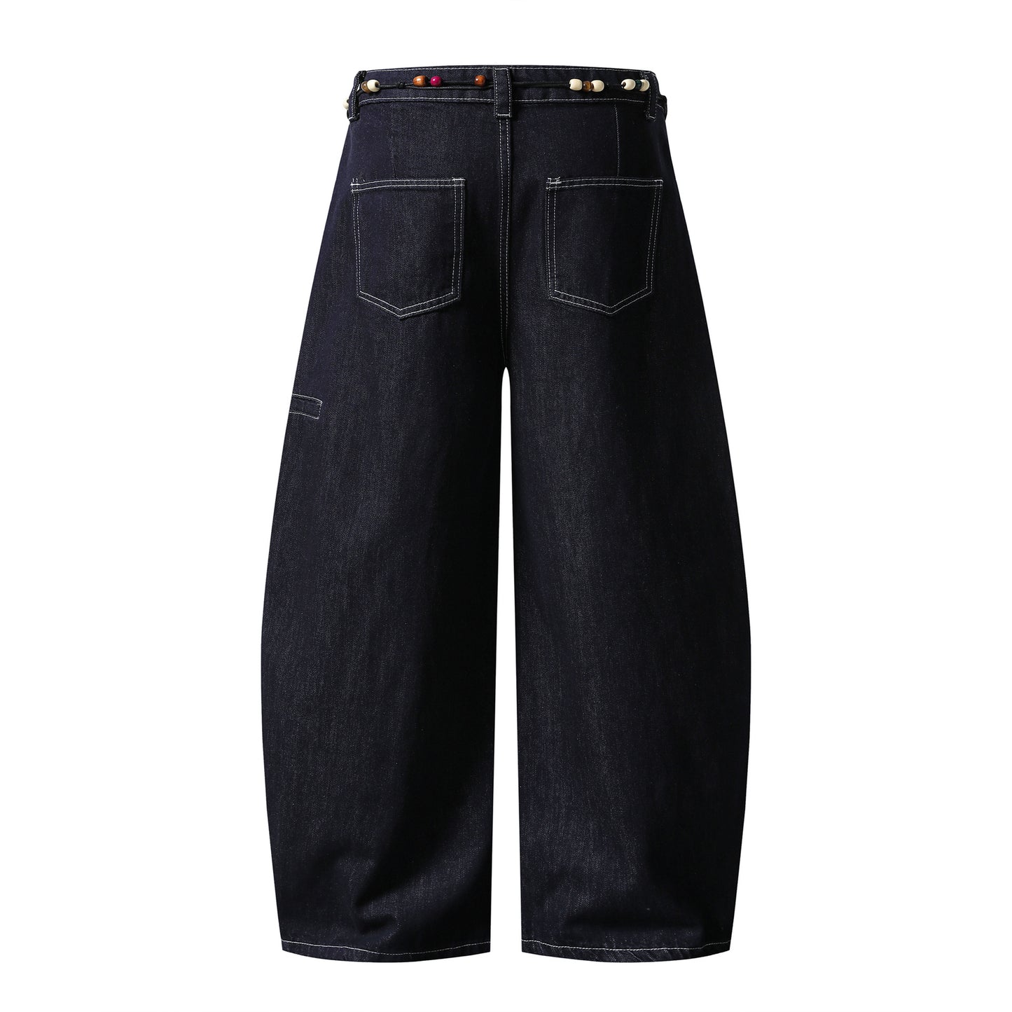 Retro Unique Design Beaded Waist Cord Flared Denim Pants Unisex Loose Slimming Versatile Wide Leg Long Trousers
