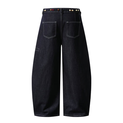 Retro Unique Design Beaded Waist Cord Flared Denim Pants Unisex Loose Slimming Versatile Wide Leg Long Trousers