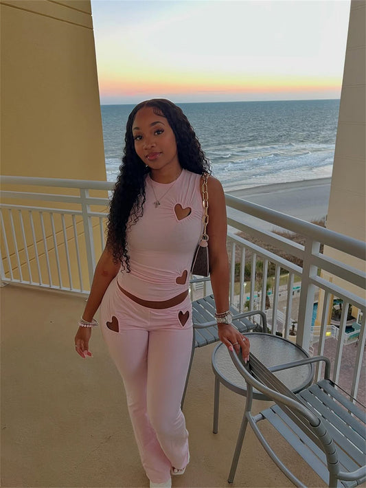 Women's  Sexy Slim Heart-shaped Hole Top and Long Pants Set