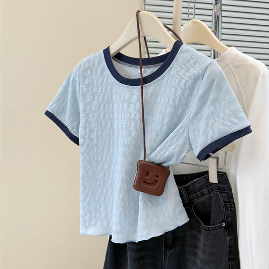 Style Short T-Shirt Women's Slim Fit Korean Version Base Layer with Wooden Edge Half Sleeve Top