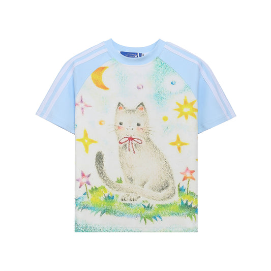 Retro Colorblock Cat Print Short Sleeve T-Shirt Women's Summer Raglan Slim Fit Cropped Spicy Top