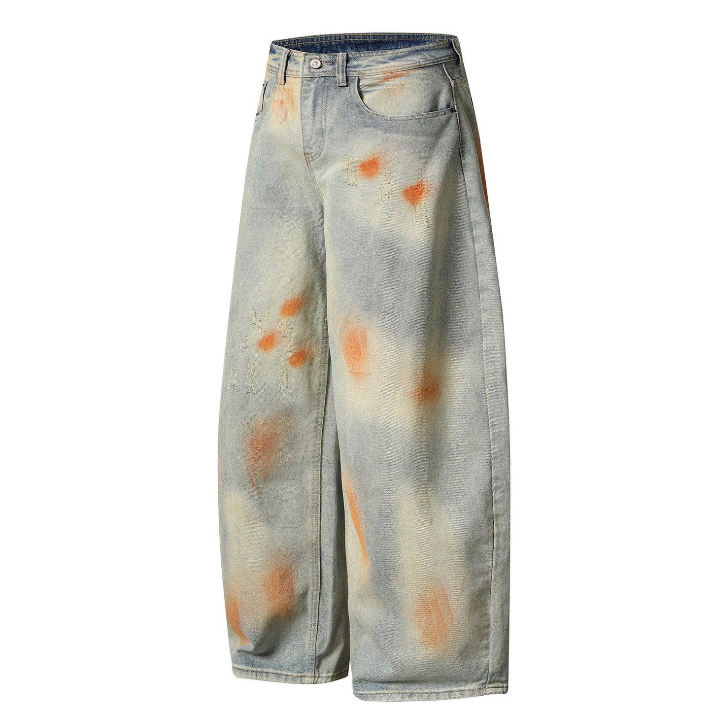 Retro Washed Distressed Unique Design Flared Denim Pants Unisex Loose Wide Leg Casual Long Trousers