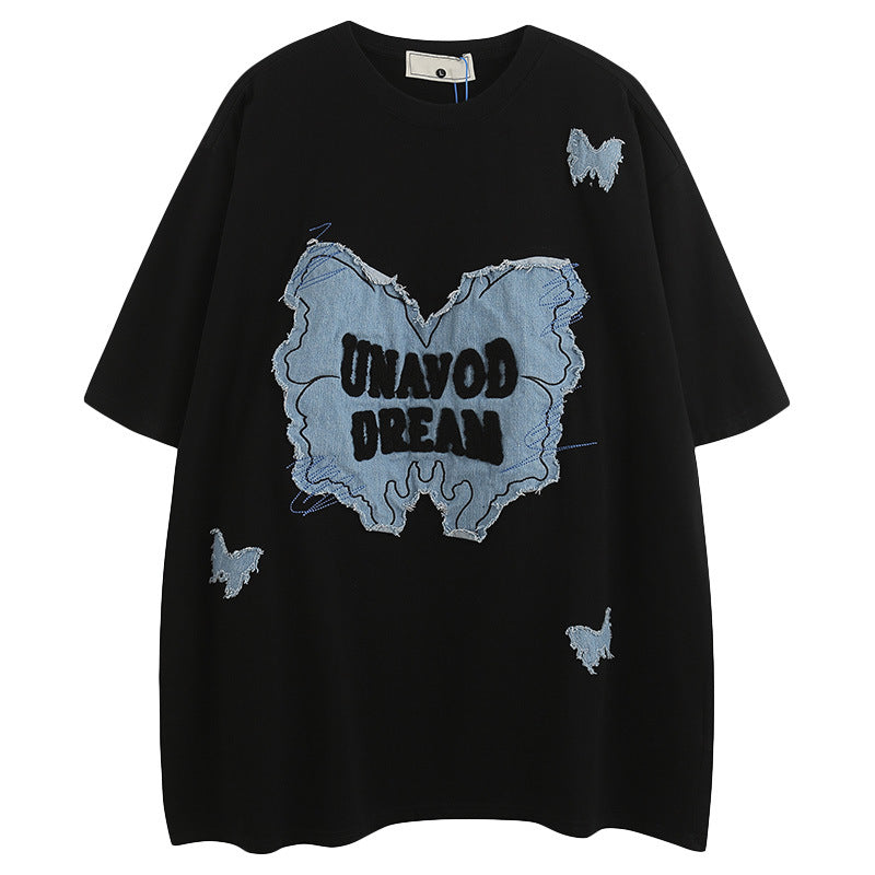 Denim Patch Decorative Unique Couple Trendy Short Sleeve T-Shirt