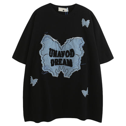 Denim Patch Decorative Unique Couple Trendy Short Sleeve T-Shirt
