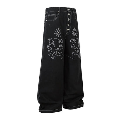 Loose Wide-Leg Floor-Length Denim Trousers for Men and Women