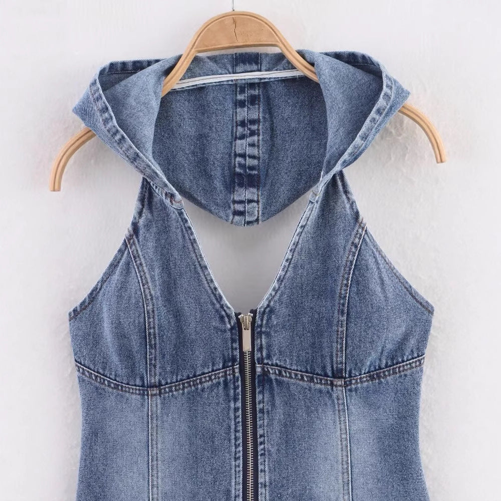 Women's Hollow Back Hooded Denim Shirt
