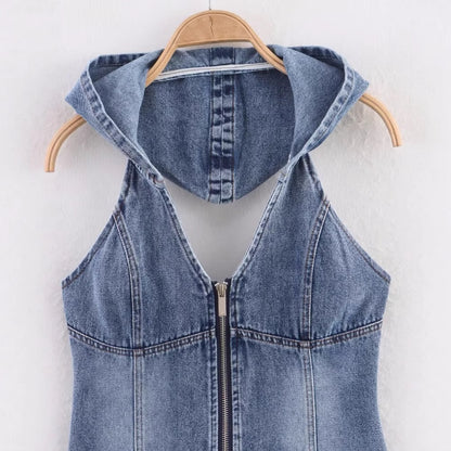 Women's Hollow Back Hooded Denim Shirt