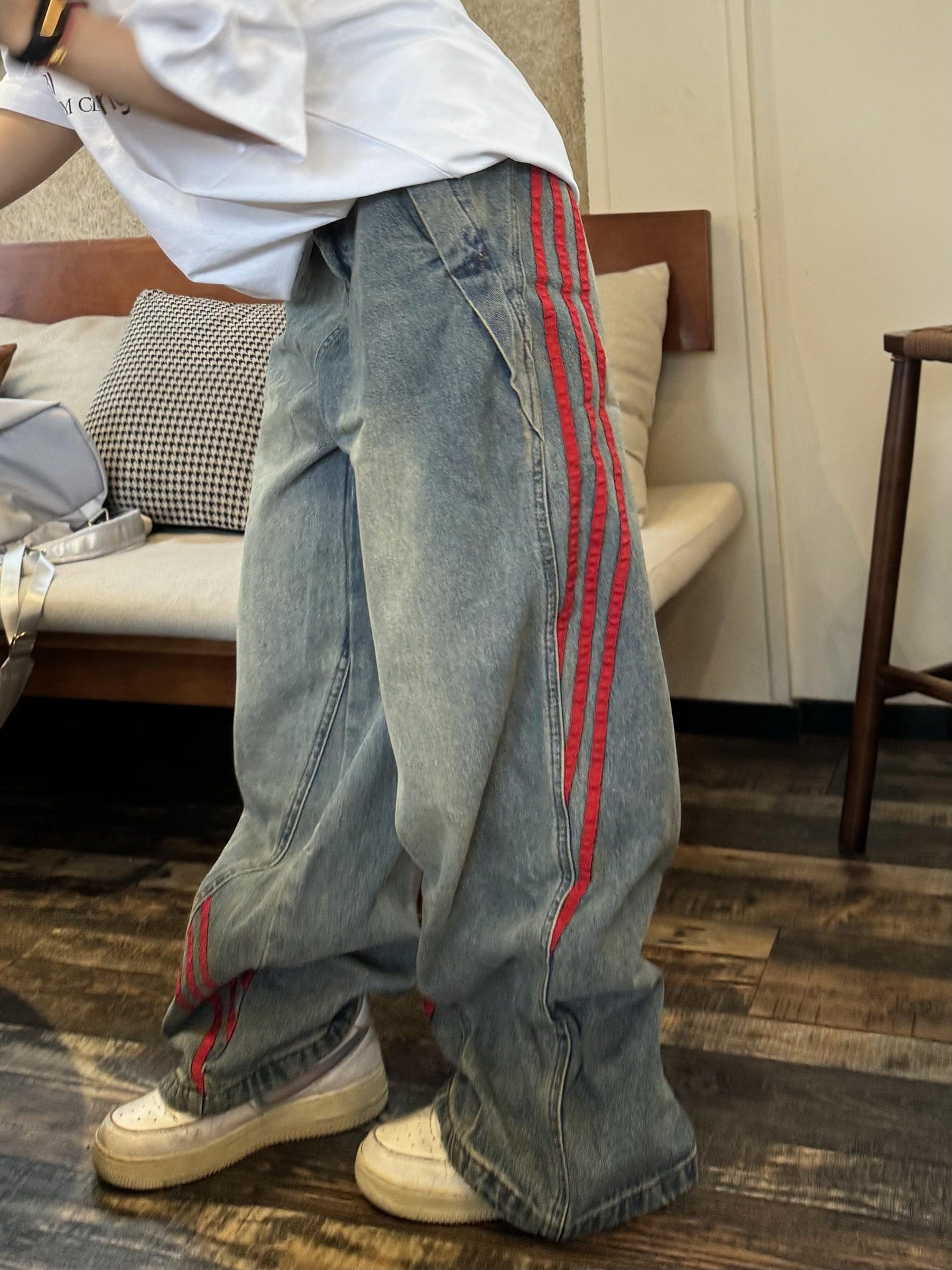 Side striped contrasting splicing for vintage denim straight leg wide leg pants