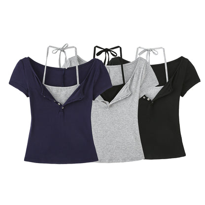 Fake Two-Piece Halter Tie Slim Fit Short Sleeve Top for Women