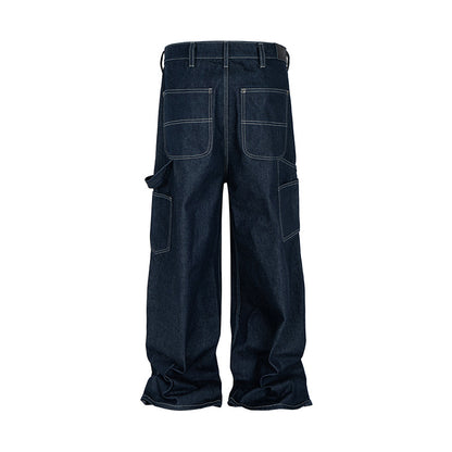 Loose Fit Original Denim Jeans for Men and Women, Deep Color Straight Leg Long Pants Trendy Design